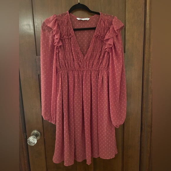 Brick Red Swiss Dot Ruffled ZARA Dress Size M - Picture 5 of 11